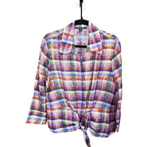 Lafayette NY I48 Checkered Silk Blend Faux Wrap Blouse Size 16